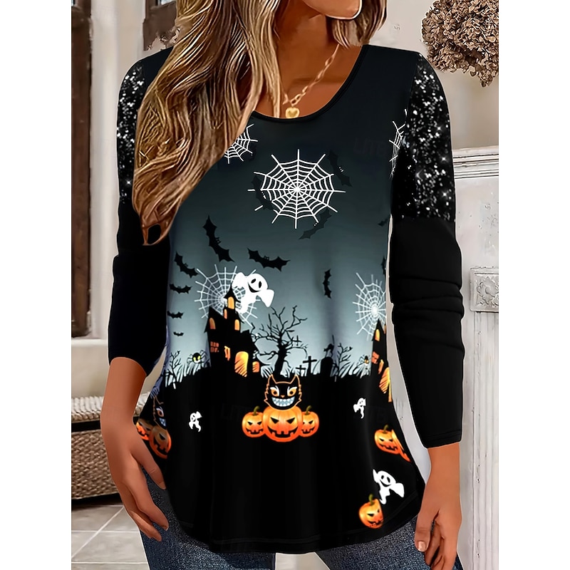 Halloween Women's T Shirt Spider Web Graphic Pumpkin Vintage Stylish Classic Long Sleeve Crew Neck Round Neck Regular Tops Daily Print Black Spring Fall Winter