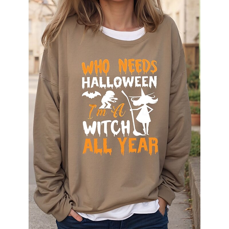 Halloween Women's Sweatshirts Witch Graphic Letter Vintage Fashion Casual Long Sleeve Crew Neck Regular Tops Casual Print Black Red Blue Brown Green Fall Winter2