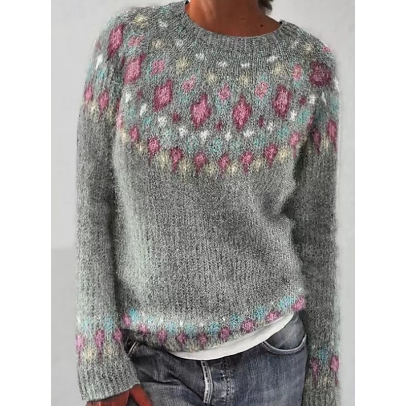 Women's Sweater Casual Soft Geometric Ribbed Crew Neck Knitted Long Sleeve Regular Tops Knit Outdoor Daily Weekend Blue Green Fall Winter2