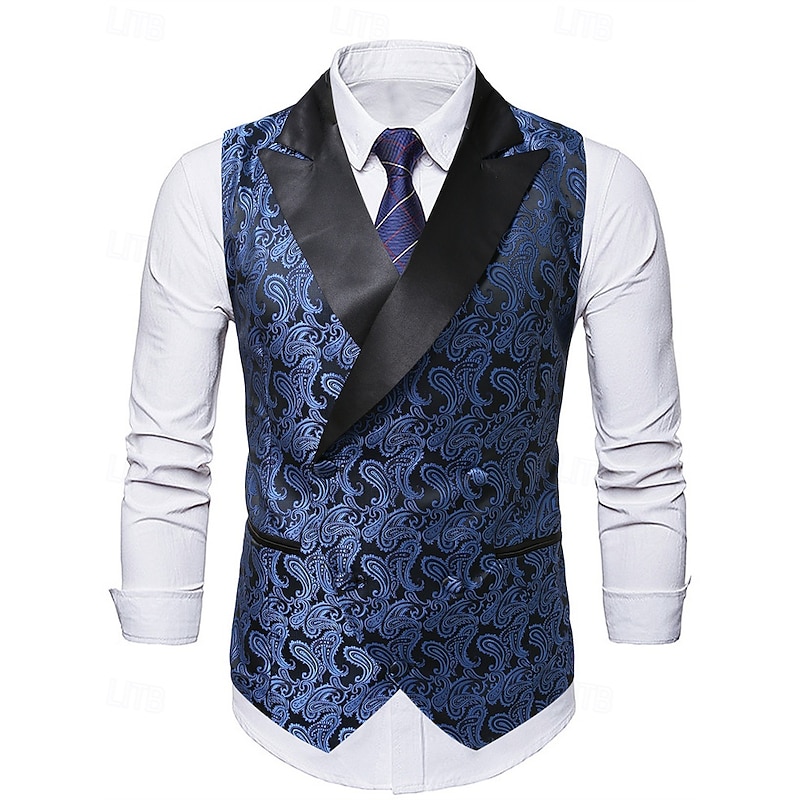 Men's Vest Waistcoat Gilet Vacation Party Business Fashion Casual Spring Fall Pocket Buttons Polyester Comfortable Paisley Single Breasted One-button Peaked Lapel Regular Fit Royal Blue Vest3