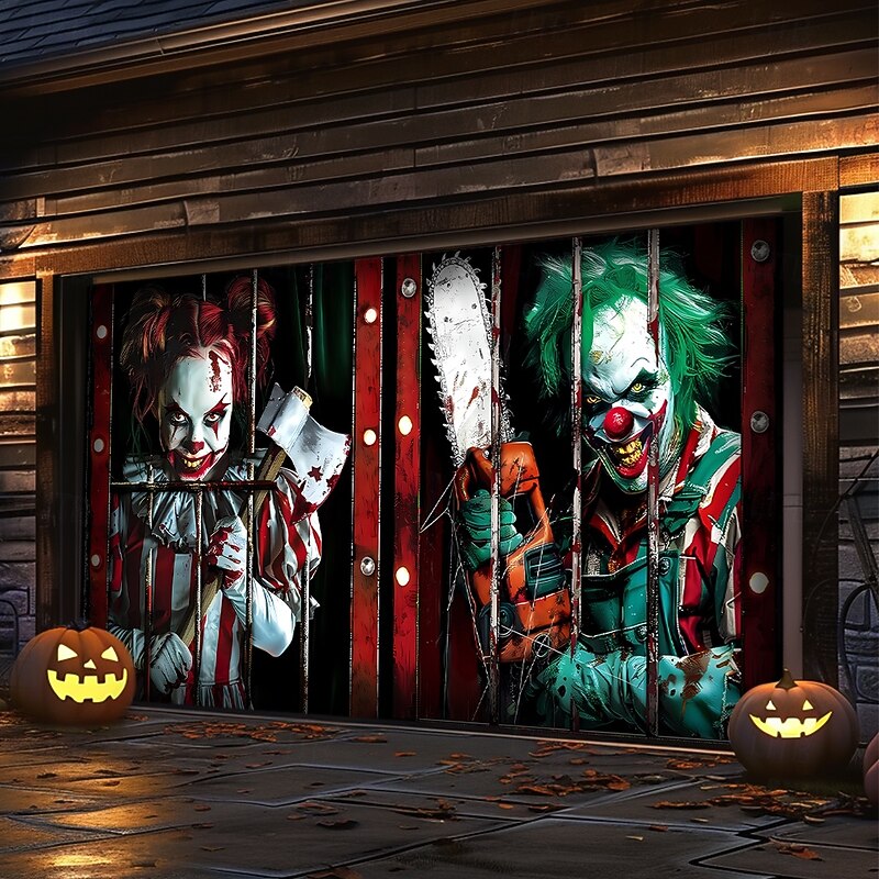 Halloween Garage Door Cover Large Hanging Backdrop Clown Dark Punk Gothic Style Party Outdoor Shooting Backgrounds Front Door Home Decor2