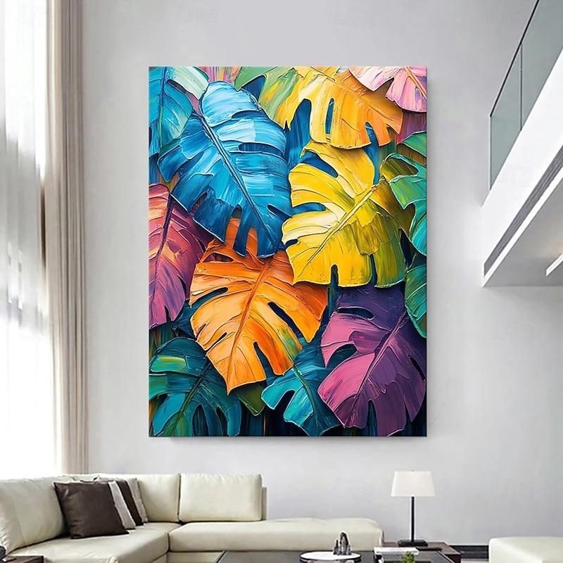 Handmade Oil Painting Canvas Wall Art Decoration Abstract Colorful Tropical Green Plants Banana Leaf for Home Decor Rolled Frameless Unstretched Painting2