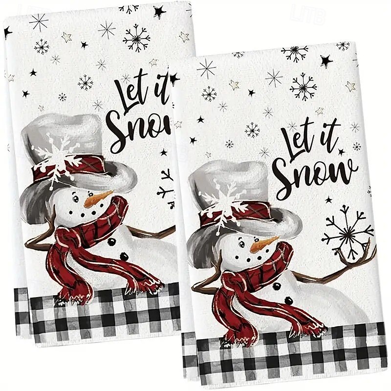 2pcs Christmas Buffalo Check Snowman Kitchen Towels – Seasonal Christmas Dish Towels, Hand Towels, Tea Towels for Winter Holiday and Home Decor