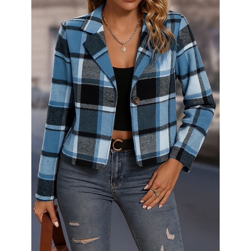 Women's Casual Jacket Comfortable Breathable Print Casual Plaid Vacation Street Casual Daily Wear Single Breasted Short Turndown Regular Fit Long Sleeve Outerwear Sky Blue Fuchsia Khaki Spring Fall4
