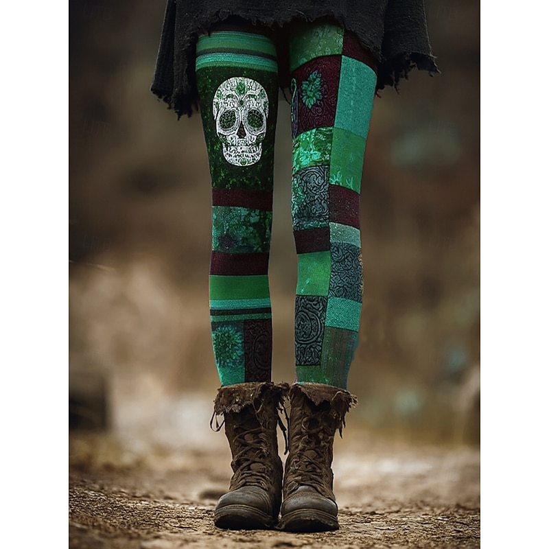 Women's Leggings Vacation Vintage Ethnic Style Ankle-Length High WaistPantsHalloween Graphic Skull Monster 3D Print Quick Dry Breathability Soft Stretchy Outdoor Home Causal Blue Orange Green Khaki4