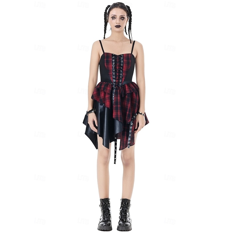Punk & Gothic Mini Asymmetrical Dress Sleeveless Goth Girl Spaghetti Strap Corset Plaid Fit & Flare Fancy Dress Unisex Halloween Carnival Party Casual Night out&Special occasion Adults Dress Gloves