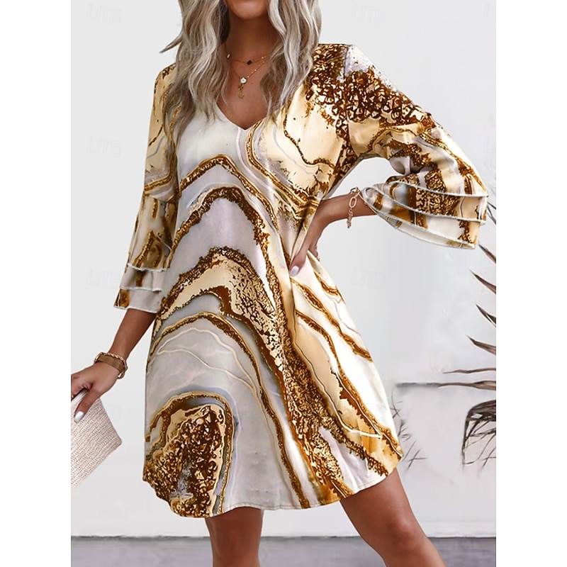 Women's Mini Dress Sundress A Line Dress Vacation Casual Boho Outdoor Party Going out Regular Fit Graphic Abstract 3/4 Length Sleeve V Neck Gold Summer Spring3