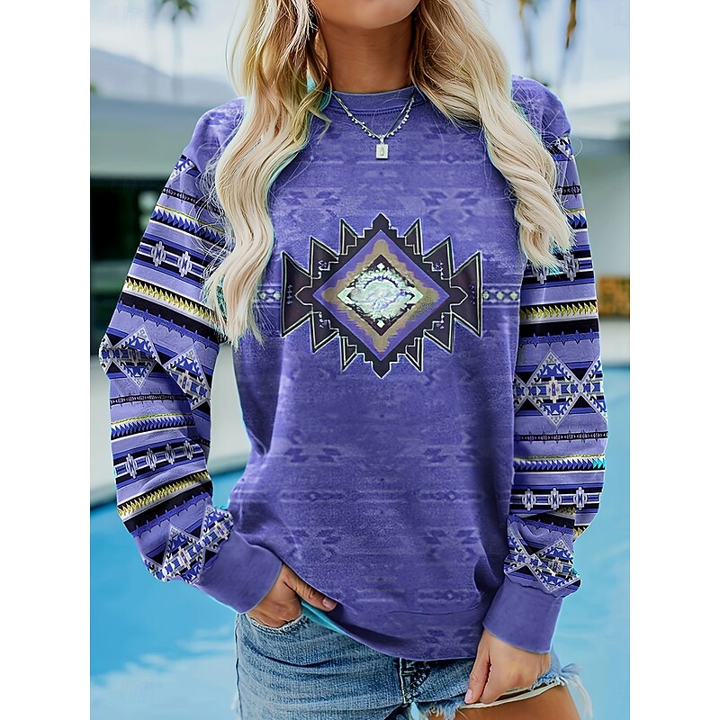 Women's Pullover Sweatshirt Hoodies Graphic Geometric Tribal Fashion Casual Long Sleeve Crew Neck Round Neck Regular Tops Street Dailywear Print Pink Blue Purple Spring Fall Winter2