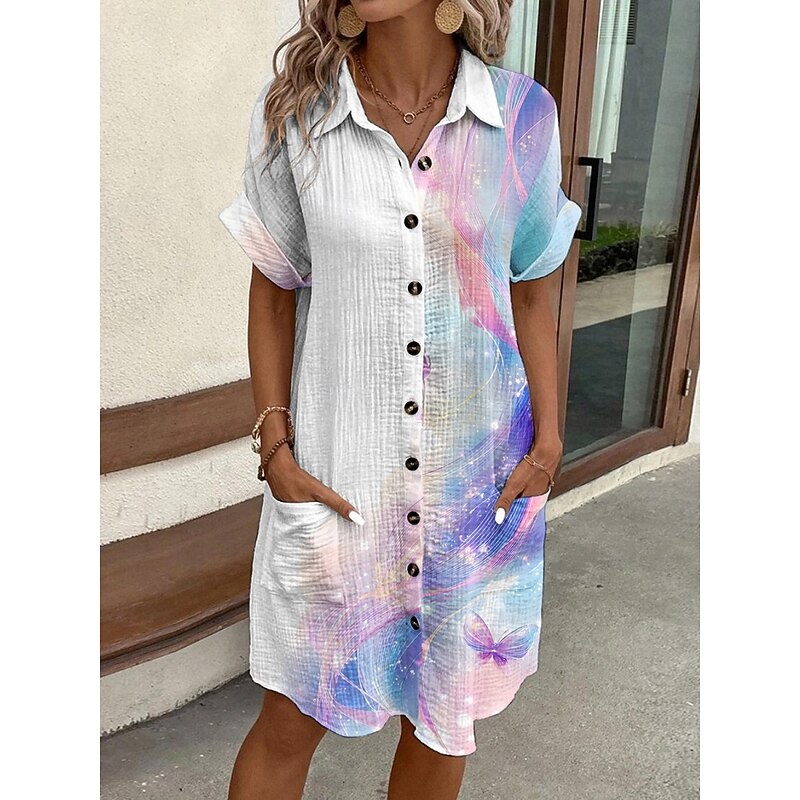 Women's Mini Dress Shirt Dress Casual Dress Print Dress Fashion Modern Daily Beach Weekend Regular Fit Ombre Butterfly Short Sleeve Shirt Collar Purple Summer Spring Fall Autumn