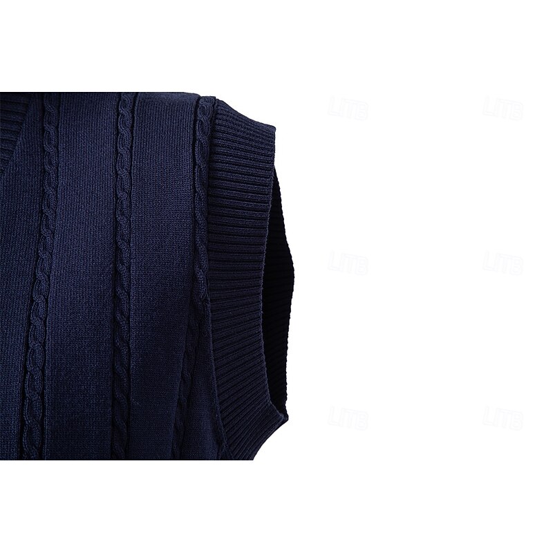 Men's Sweater Vest Cable Knit Regular Tops Solid Color V Neck Elegant Vintage School Formal Clothing Apparel Sleeveless Spring Fall Black Dark Navy S M L4