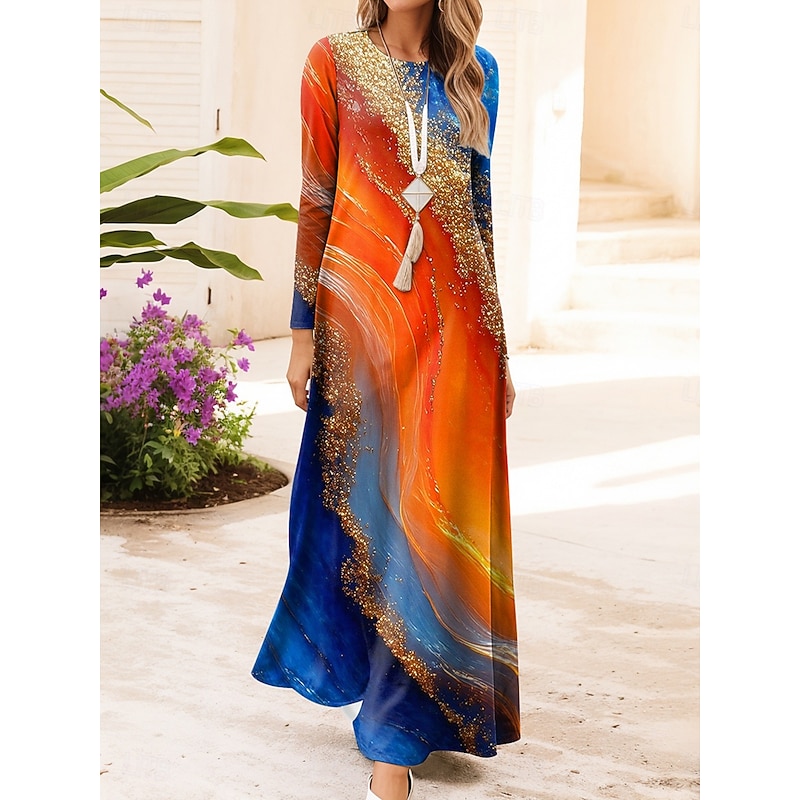 Women's Maxi Dress Vintage Bohemian A Line Dress Crew Neck Long Sleeve Casual Daily Regular Fit Graphic Geometric Blue Orange Green Dark Blue Spring Fall Winter3