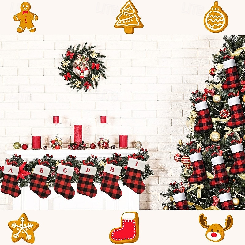 Christmas Stocking Red Black Plaid Alphabet Mini Sock Holiday Gift Bag Hanging Ornament for Christmas Decoration Home Fireplace Festive Party Seasonal Accessory2