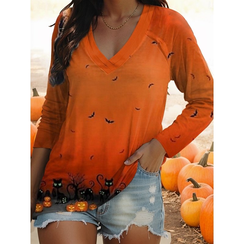 Halloween Women's T shirt Bat Long Sleeve V Neck Long Sleeve Graphic Casual Vintage Regular Tops Daily Print Black Yellow Purple Orange Brown Spring Fall Prefall