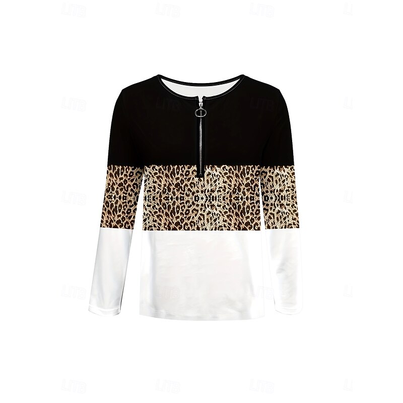 Women's T Shirt Graphic Leopard Geometric Elegant Vintage Stylish Long Sleeve Crew Neck Round Neck Notched Neck Regular Tops Daily Weekend Zipper Print Light Brown Spring Fall Winter3