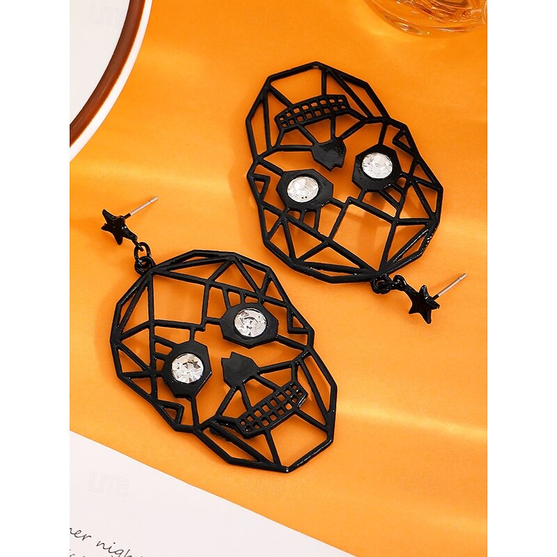 Women's Halloween Dangle Earrings Set — Spider Web & Spider, Skull, Bat & Ghost Designs, Lightweight Black Alloy with Rhinestone Accents, Gothic Style for Costume Parties, Cosplay & Night Out4