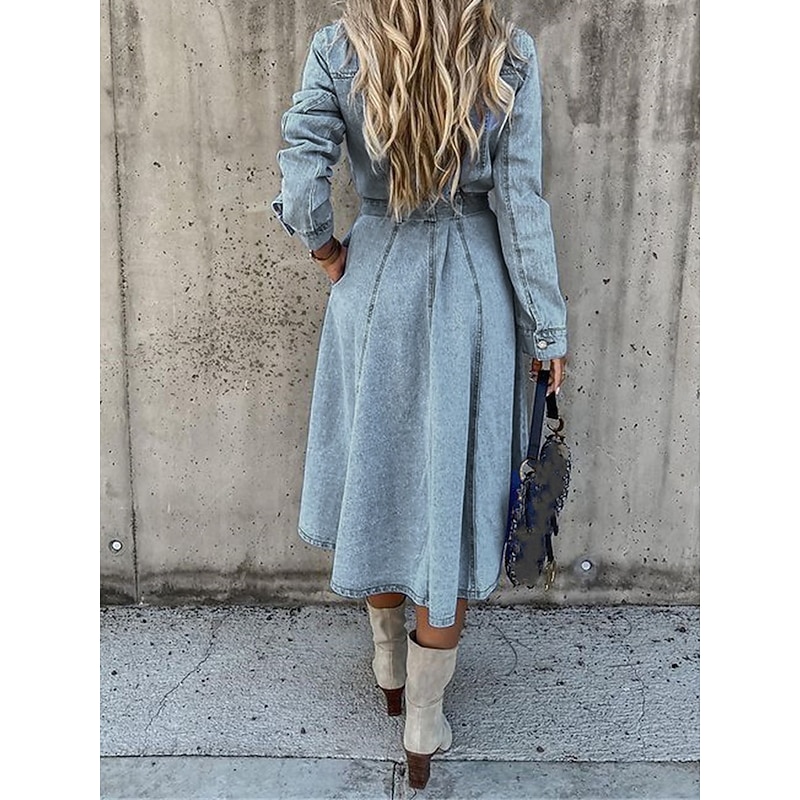 Women's Denim Dress Shirt Dress Midi Dress Date Vacation Denim Basic Modern Shirt Collar Button Pocket Long Sleeve Summer Spring Regular Fit Plain3