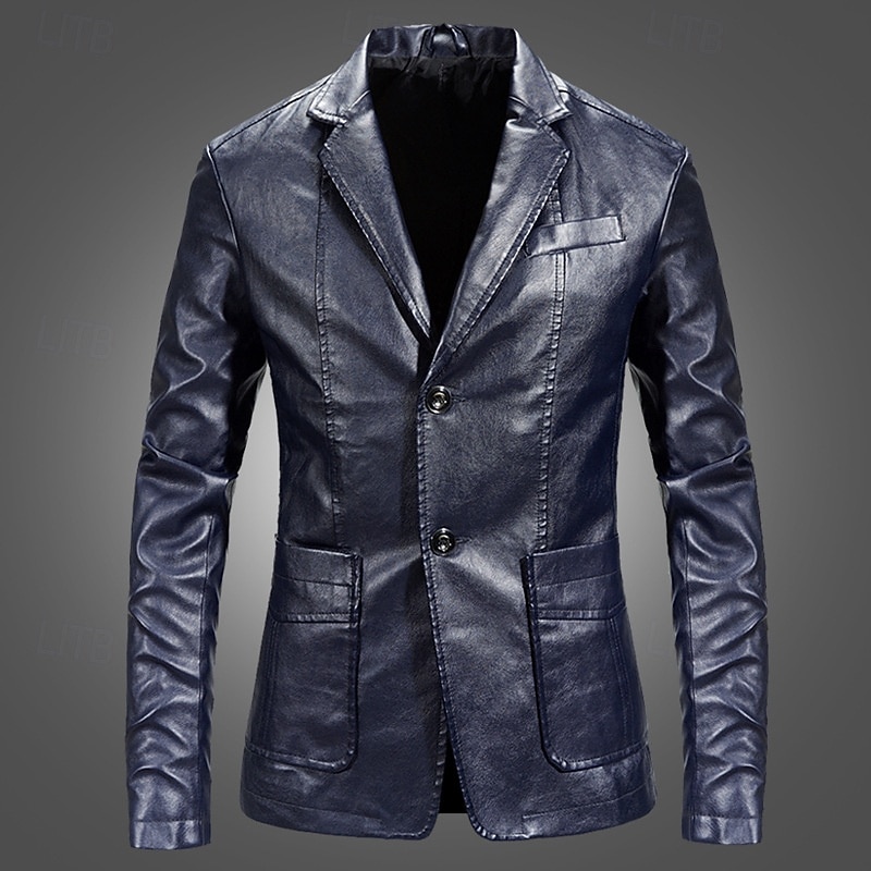 Men's Faux Leather Jacket Blazer Jacket Formal Office Casual Smart Casual Fall Spring & Summer PU Leather Solid Color Comfy Single Breasted Blazer Black Burgundy Blue khaki3
