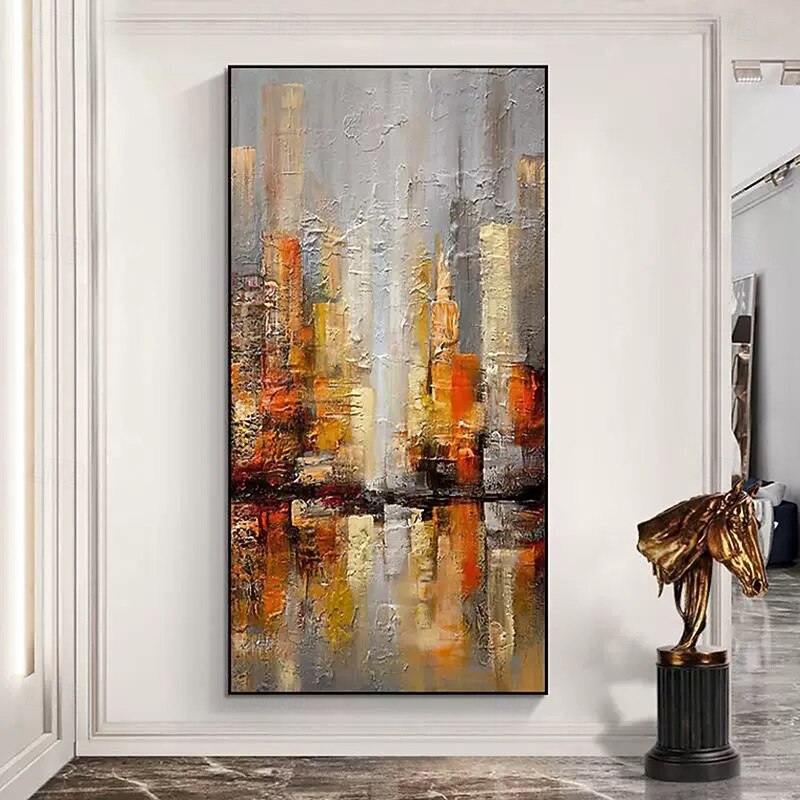 Mintura Handmade Abstract Urban Architecture Oil Paintings On Canvas Wall Art Decoration Modern Landscape Picture For Home Decor Rolled Frameless Unstretched Painting