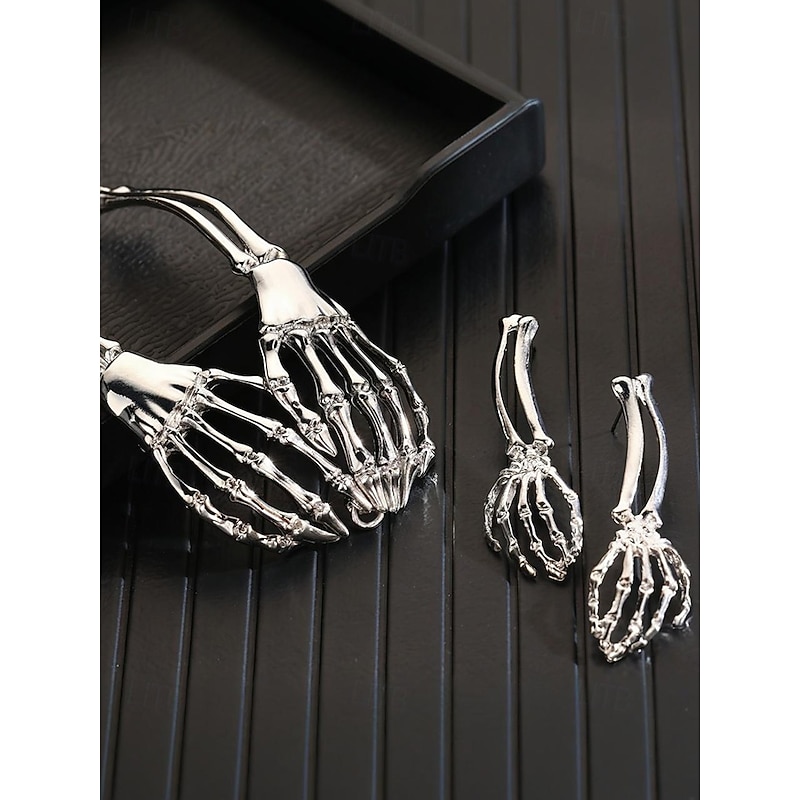 Women's Halloween Skeleton Hand Necklace Earrings Set, Gothic Punk Style, Perfect for Costume Parties and Avant-garde Costumes