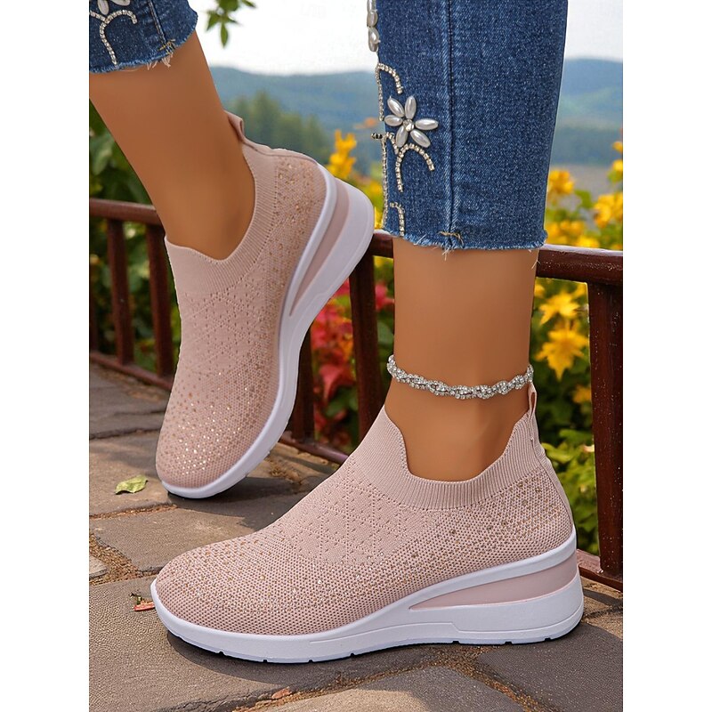 Women's Pink Rhinestone Flyknit Slip-On Sneakers – Breathable Lightweight Wedge Shoes for Walking, Fitness and Casual Everyday Wear2