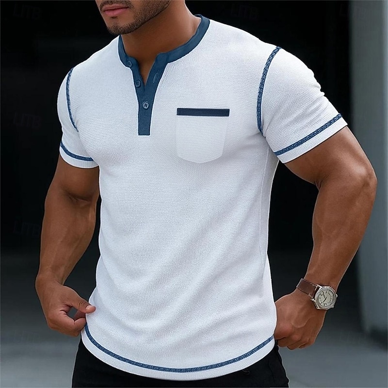 Men's Waffle Henley Shirt Tee Short Sleeve Henley Summer All Seasons Solid Color Plain Fashion Designer Casual Color Block Buttons Outdoor Casual Daily Black White Blue Top Tee for Men