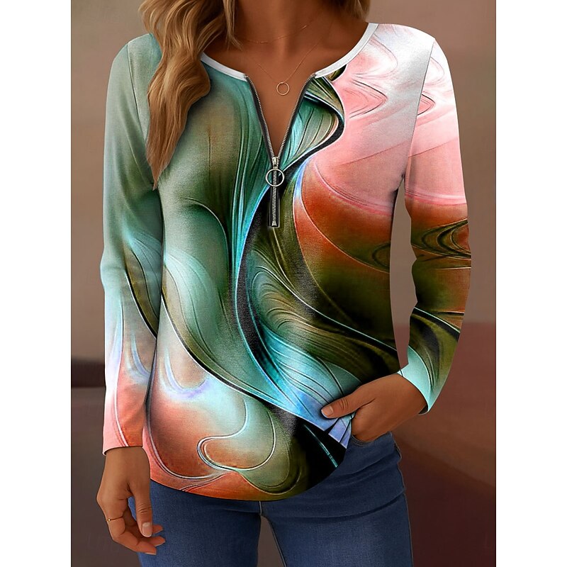 Women's T Shirt Ombre Graphic Abstract Elegant Vintage Stylish Long Sleeve V Neck Regular Tops Daily Weekend Zipper Print Blue Purple Orange Gray Spring Fall4