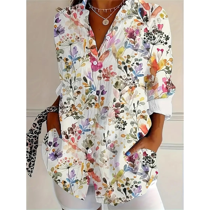 Women's Shirt Button Down Tunic Shirt Collar Long Sleeve Floral Graphic Bohemia Vintage Casual Regular Tops Work Daily Holiday s Print White Spring Fall Winter