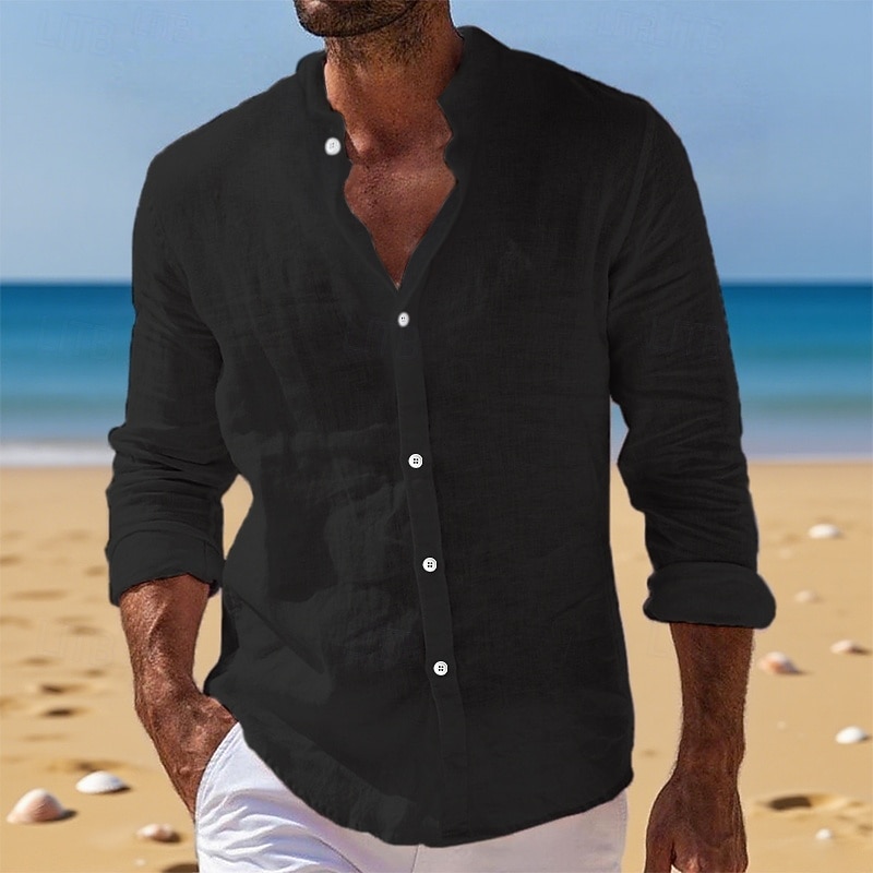 Men's Shirt Linen Shirt Summer Shirt Beach Wear Button Up Shirt Plain Vacation Daily Black White Pink Blue Long Sleeve Band Collar Summer Spring & Summer Clothing Apparel3