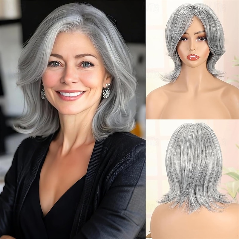 Grey Short Bob Wig Synthetic Layered Silver Gray Wigs with Wavy End Realistic Salt and Pepper Wigs for Women Natural Middle Part Wolf Cut Wig for Daily Use - 10 shoulder length