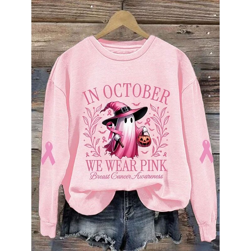 Halloween Women's Pullover Ghost Graphic Letter Casual Long Sleeve Crew Neck Regular Tops Street Dailywear Casual Print Black Pink Fall Winter2