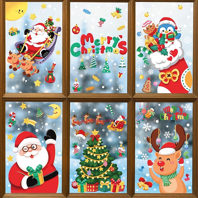 4 Sheets Christmas Window Cling Wall Sticker Decals Decorations, Snowflakes, Santa Claus, Reindeer, Snowmen & Wreaths, Merry Christmas, Static Cling, Holiday Home & Store Decor2