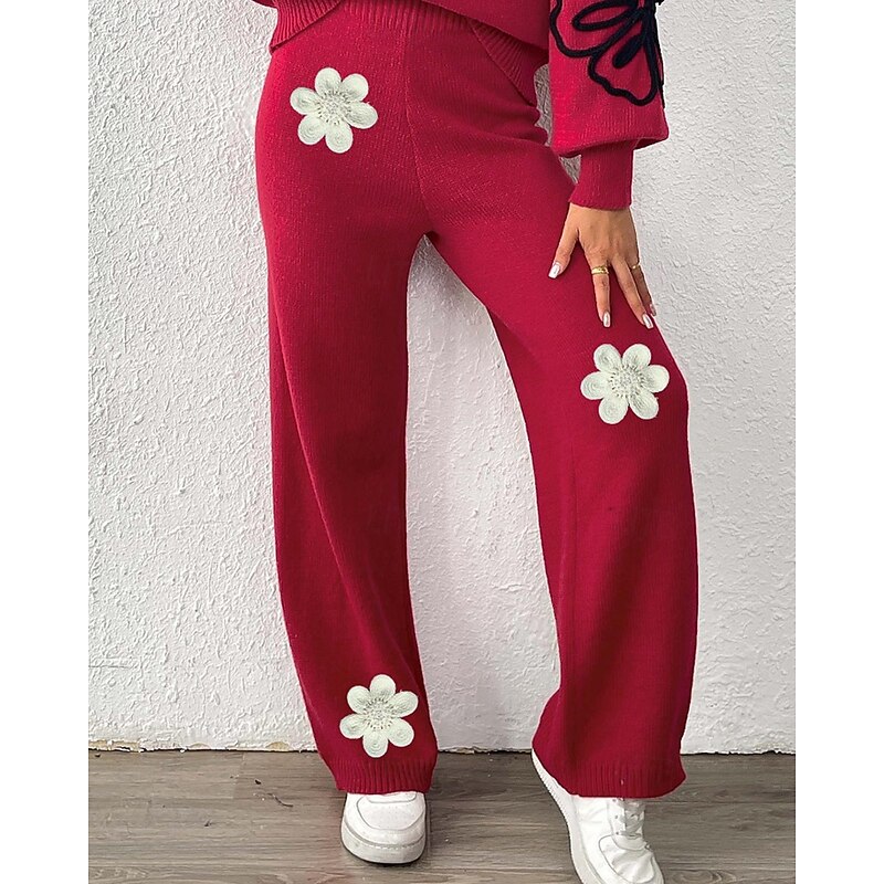 Women's Wide Leg Slacks Streetwear Casual Full Length Natural Flower Elastic Waist Printing Soft Street Holiday Weekend Wine Black Coffee Winter Regular Fit4