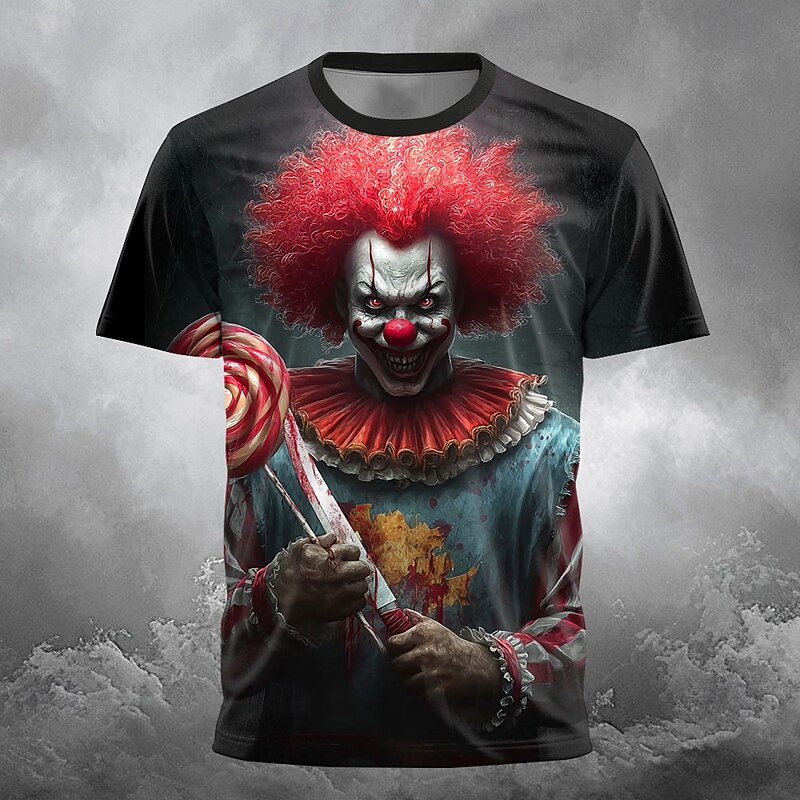 Halloween Men's Creepy Clown 3D Clown T Shirt Short Sleeve T shirt 3D Print Crew Neck Shirt Exaggerated Designer Horror Party Street Holiday Black 1 Black 2 Summer Spring Clothing Apparel S M L XL2