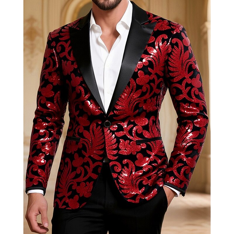 Men's Blazer Cocktail Party Wedding Party Fashion Casual Spring Fall Polyester Florals Pocket Buttons Comfortable Single Breasted Blazer Red