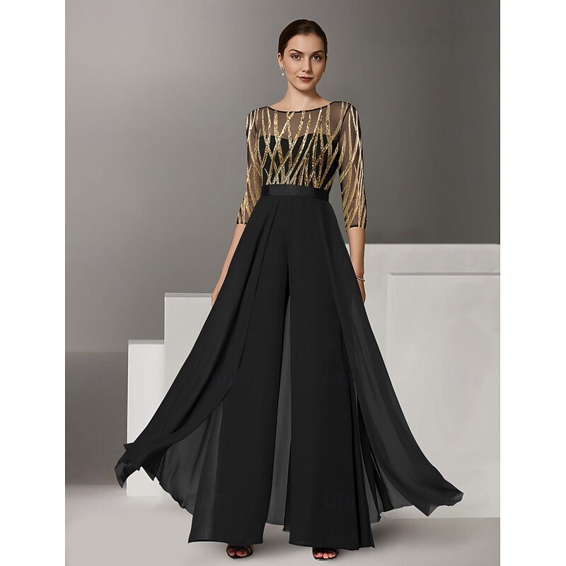 Black and Gold Jumpsuit Mother of the Bride Jumpsuit Elegant Minimalist Casual Boat Neck Floor Length Chiffon Lace Sequined 3/4 Length Sleeve with Color Block