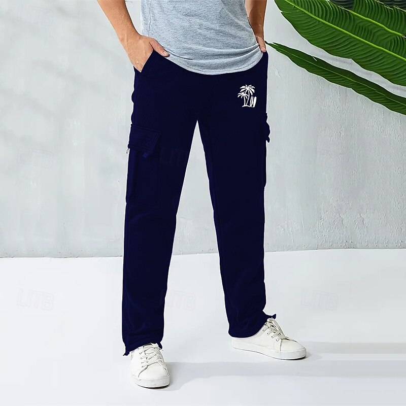 Men's Sweatpants Trousers Cargo Sweatpants Straight Leg Sweatpants Drawstring Elastic Waist Multi Pocket Coconut Tree Comfort Sports Outdoor Daily Fashion Casual Black Red Micro-elastic2