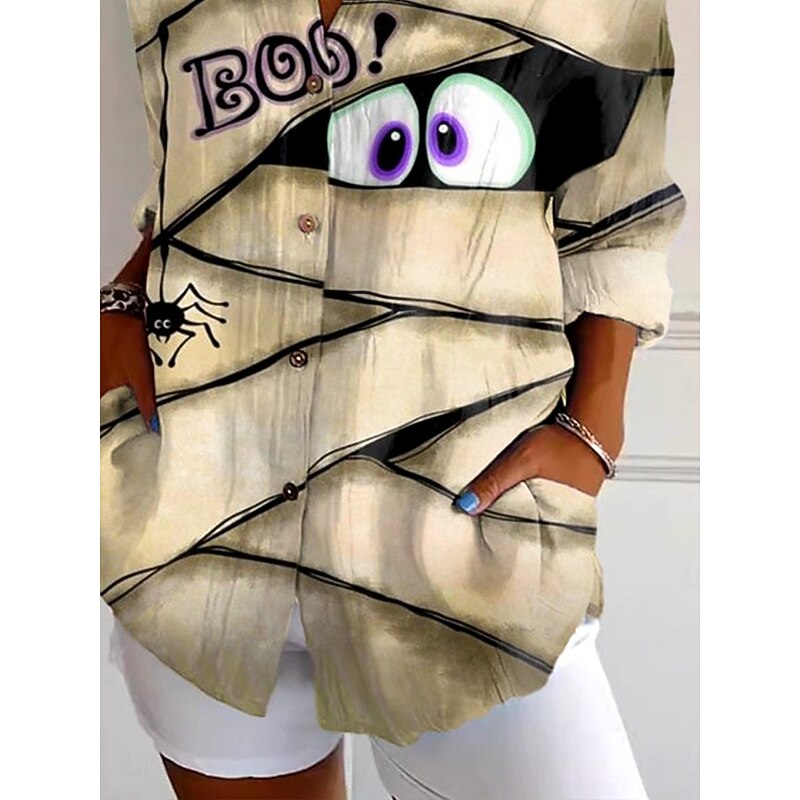 Halloween Women's Shirt Graphic Elegant Vintage Daily Long Sleeve Bishop Sleeve Shirt Collar Regular Tops Daily Holiday Print Khaki Fall Winter3