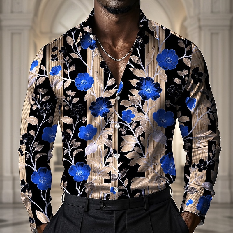 Men's Striped Floral Print Flowers Shirt Satin Shirt Dress Shirt Long Sleeve Fashion Casual Vacation Dailywear Summer Spring Fall Turndown 3D Print Button Up Shirts White blue Khaki4