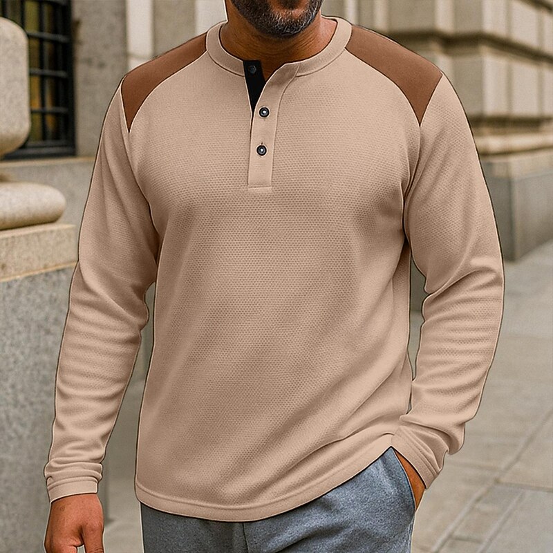 Men's Waffle Henley Shirt Tee Top Long Sleeve Henley Fall Spring &  Fall Color Block Fashion Designer Basic Color Block Vacation Street Casual Black White Red Top Tee for Men4