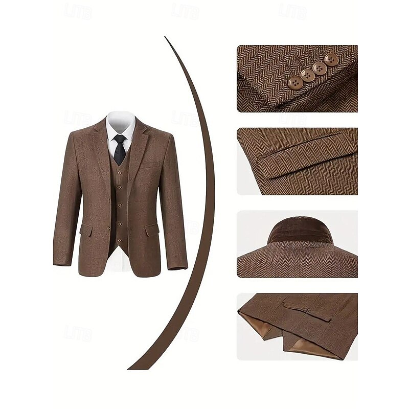 Men's Business Casual Wedding Suits Notch Lapel Brown Daily Casual Solid Colored Tailored Fit 3 Piece Single Breasted Two-buttons4