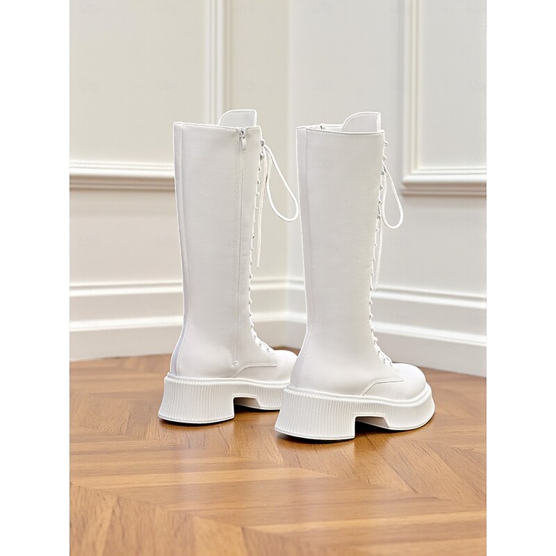 Women's Faux Leather Knee-High Lace-Up Boots with Side Zipper and Chunky Platform Sole, Casual Urban Fashion Footwear3