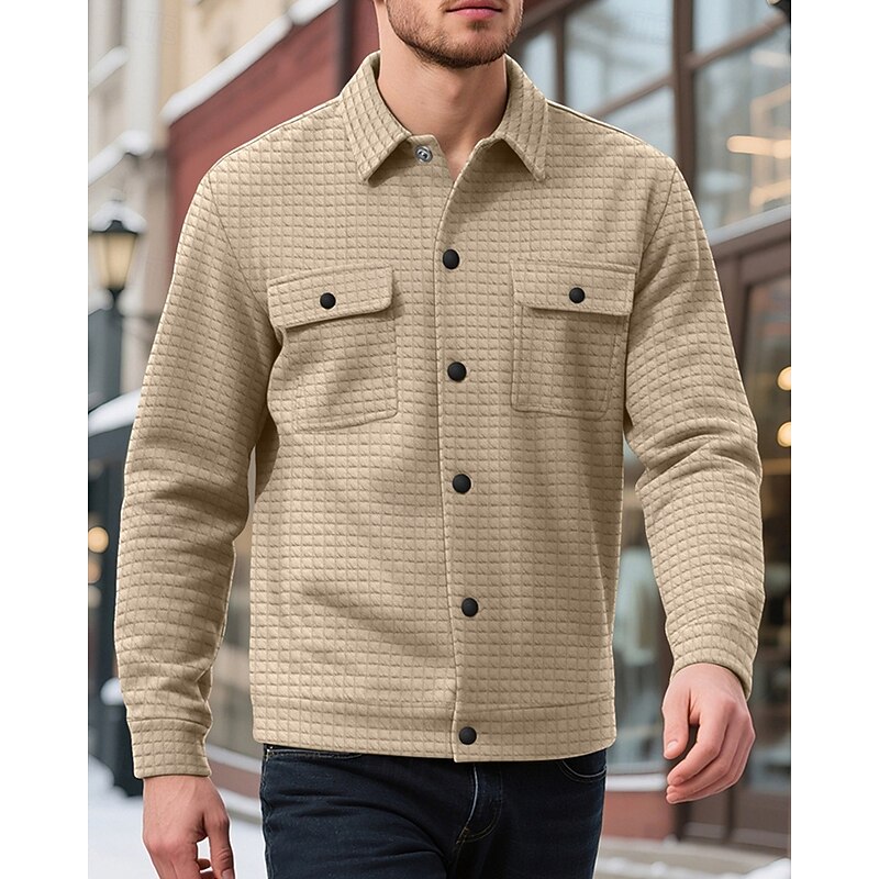 Men's Waffle Jacket Shirt Jacket Casual Jacket Vacation Daily Breathable Jacquard Pocket Spring Fall Plain Fashion Classic Lapel Regular Black White Khaki Army Green Dark Gray Jacket3