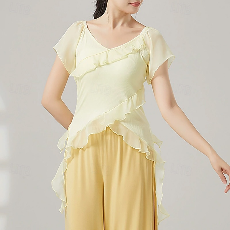 Activewear Top Ruffles Pure Color Splicing Women's Performance Training Short Sleeve High Polyester4