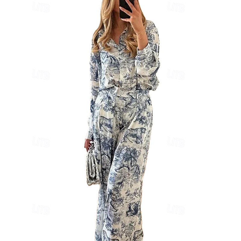 Women's Active Fashion Shirt Blouse Pants Sets Long Sleeve Shirt Collar Floral Print Outdoor Vacation Blue Fall Regular Fit4