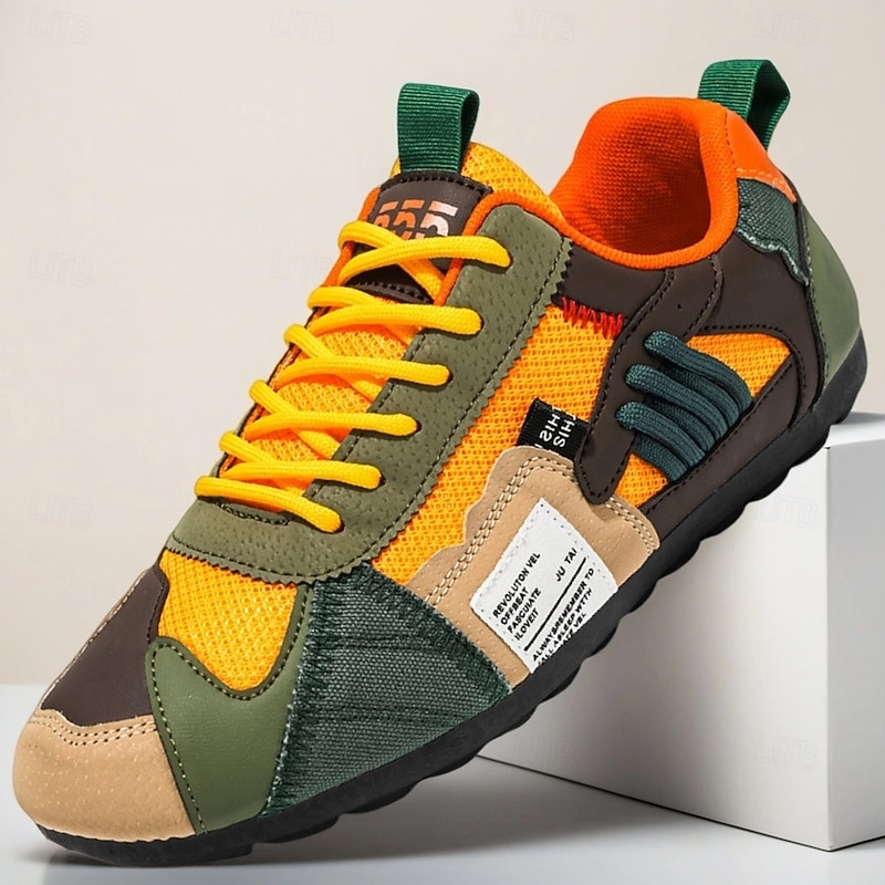Men's Green and Yellow Mesh Sneakers – Colorblock Breathable Casual Sports Shoes for Walking, Travel and Street Style