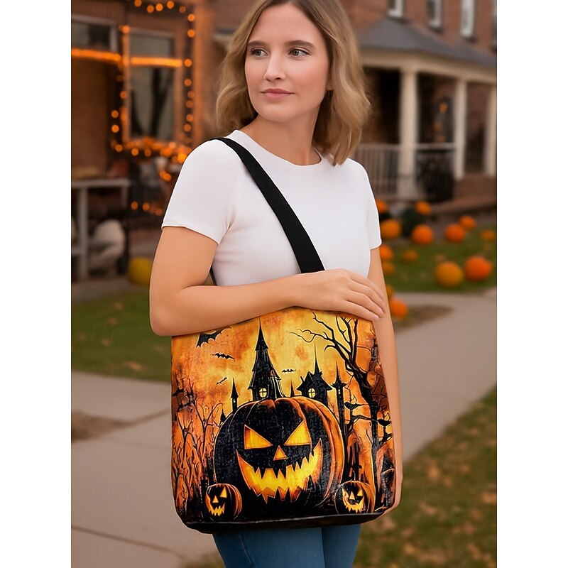 Women's Halloween Pumpkin Print Tote Bag – Large Capacity Polyester Shoulder Bag with Zipper Pocket, Spooky Gothic Style Handbag for Daily Use, Shopping and Holiday Parties2