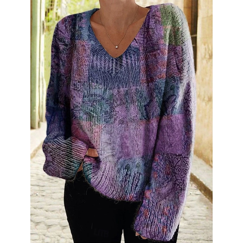 Women's Blouse Color Block Stylish Modern Long Sleeve V Neck Long Tops Daily Holiday Print Purple Spring Fall Winter