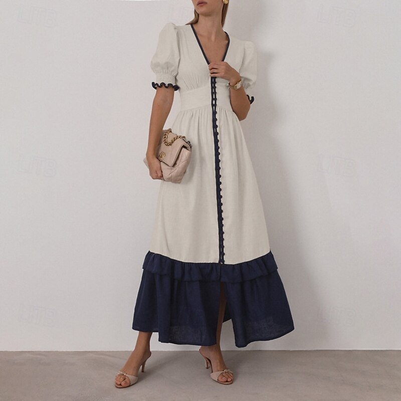 Women's 55%Linen Maxi Dress Ruffle Dress Vacation Party Birthday Puff Sleeve Office Birthday Daily Regular Fit Plain Short Sleeve V Neck Apricot Summer Spring3