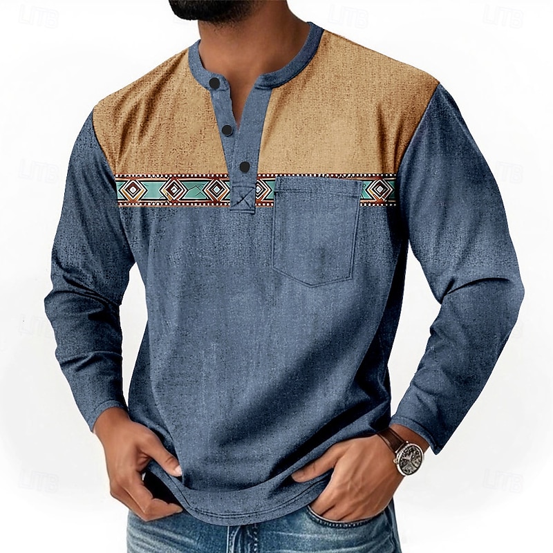 Men's Graphic Ethnic Henley Shirt T shirt Tee Long Sleeve Retro Vintage Bohemian Casual Casual Spring Fall Dark Brown Blue Green Henley Henley T-Shirt3