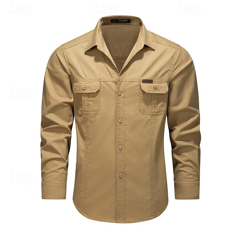 Men's Cargo Shirt Hiking Shirt Long Sleeve Turndown Top Outdoor Breathable Cotton Black Army Green Khaki Hunting Workout Traveling